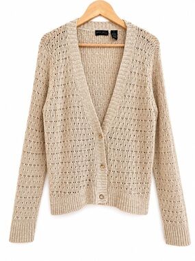 Yarn Art Y2K Open Knit Cardigan Sweater Beige Metallic Grandma boho cottage M